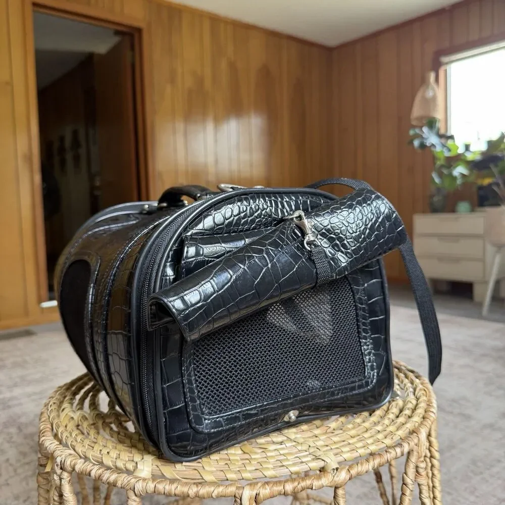 Chrome Bones Pet Carrier In Black Alligator Leather Travel Bag Small Dogs